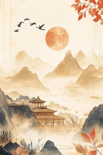 秋日山水间的古韵楼阁