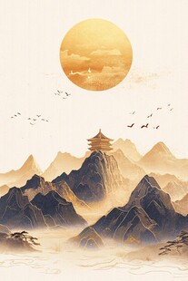 山间古亭映日飞鸟图