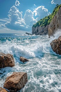 海浪拍击岸边嶙峋礁石