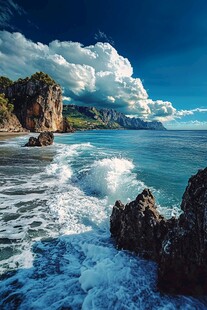 海岸风光 海浪礁石与蓝天