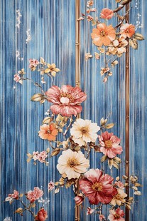 蓝底花卉竹枝精美墙纸