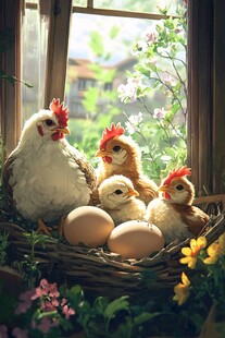 母鸡护雏于巢中