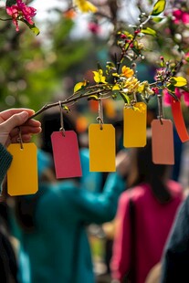 手牵彩签挂于繁花枝头