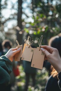 手拎标签置身户外场景