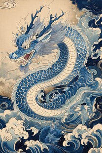 蓝龙戏浪图