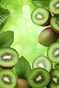 新鲜猕猴桃与绿叶背景图