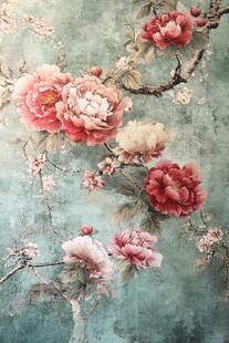 中式工笔牡丹复古风壁画
