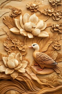 木雕荷花鸳鸯精美图案