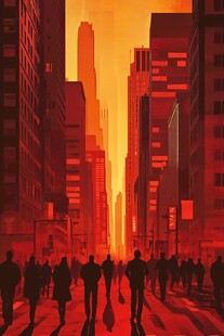 黄昏下的都市行人剪影