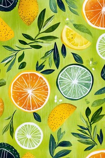 清新柑橘水果绿叶水彩图