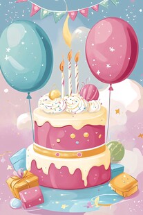 生日蛋糕与气球庆祝场景