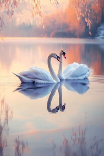 湖畔双天鹅的浪漫晨景