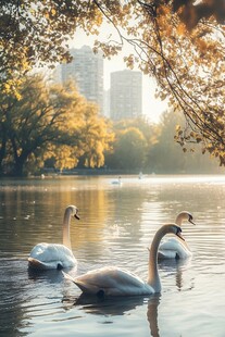 湖畔天鹅 秋日晨光中的优雅