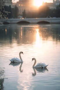 夕阳下双天鹅悠游湖面