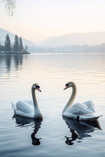 湖畔双天鹅的优雅时刻