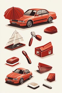 红色汽车及周边物品集合