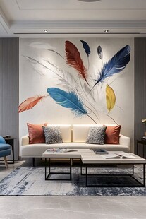 羽毛壁画装点时尚客厅