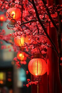 红灯笼映粉花枝