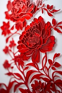 红色立体剪纸牡丹花图案