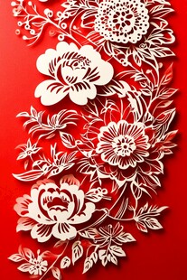 红色背景精美白色剪纸花卉