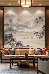 中式客厅山水壁画沙发场景