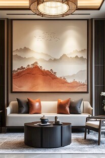 中式客厅 山水挂画与雅致软装
