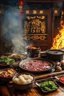 传统中式火锅食材丰盛场景