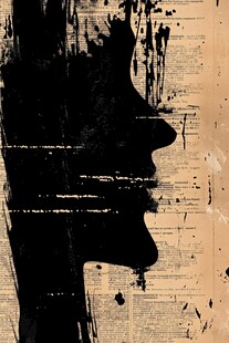 墨影轮廓于旧报纸背景