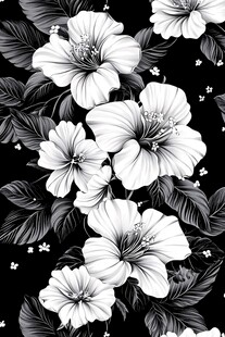 黑白扶桑花植物无缝图案