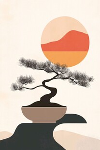 中式盆景与落日景致