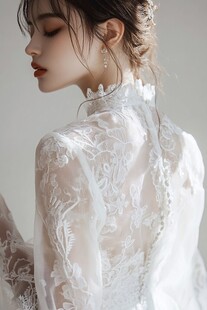 蕾丝白纱女子的优雅侧影