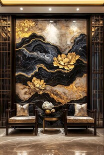 中式客厅山水金荷背景墙