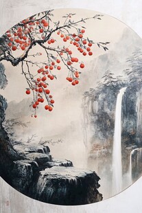 水墨山水间的红柿挂枝