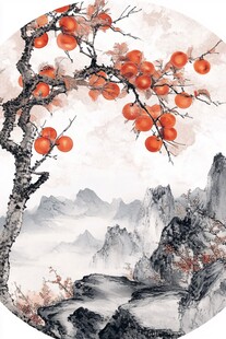 水墨枝头柿景