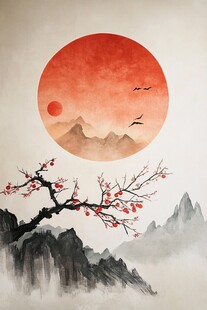 水墨山水间的红日与红梅