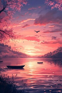 湖畔梦幻晚霞中的静谧小船