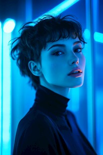 蓝调光影下的短发酷感女性