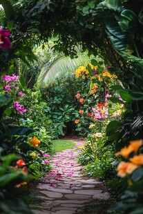 繁花簇拥的清幽石板小径