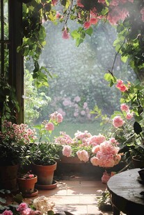 阳光洒落的梦幻花卉庭院