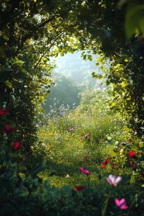 梦幻花径中的自然光影