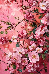 粉色烂漫花卉油画作品