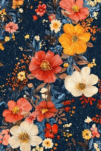 深蓝底多彩花卉图案