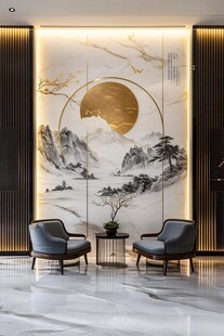 中式山水金月客厅装饰画