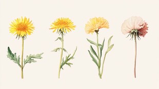 四朵花卉水彩插画展示