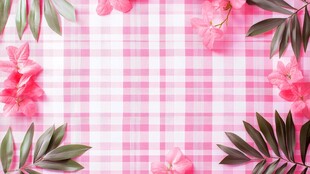 粉色格纹布上的花卉与绿叶