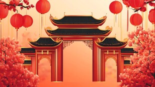 中式新春门楼与烂漫繁花