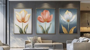 三联郁金香装饰画客厅展示