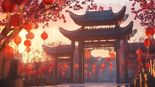 古建红灯笼营造中式氛围