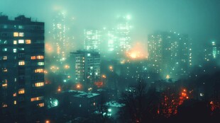 雾霭中的城市璀璨夜景