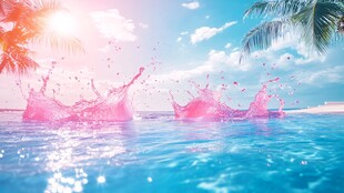 粉色水花绽放海滨美景